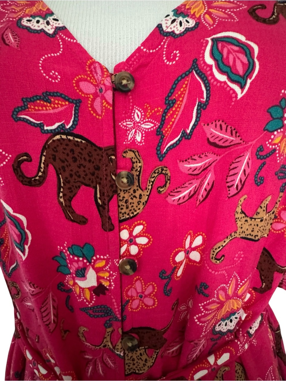 Torrid Pink Jungle Leopard Floral Button Front Midi Dress Tie Waist Plus Size - Picture 5 of 9